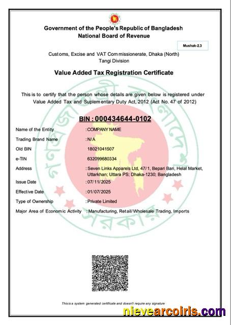 Bangladesh Value Added Tax registration certificate